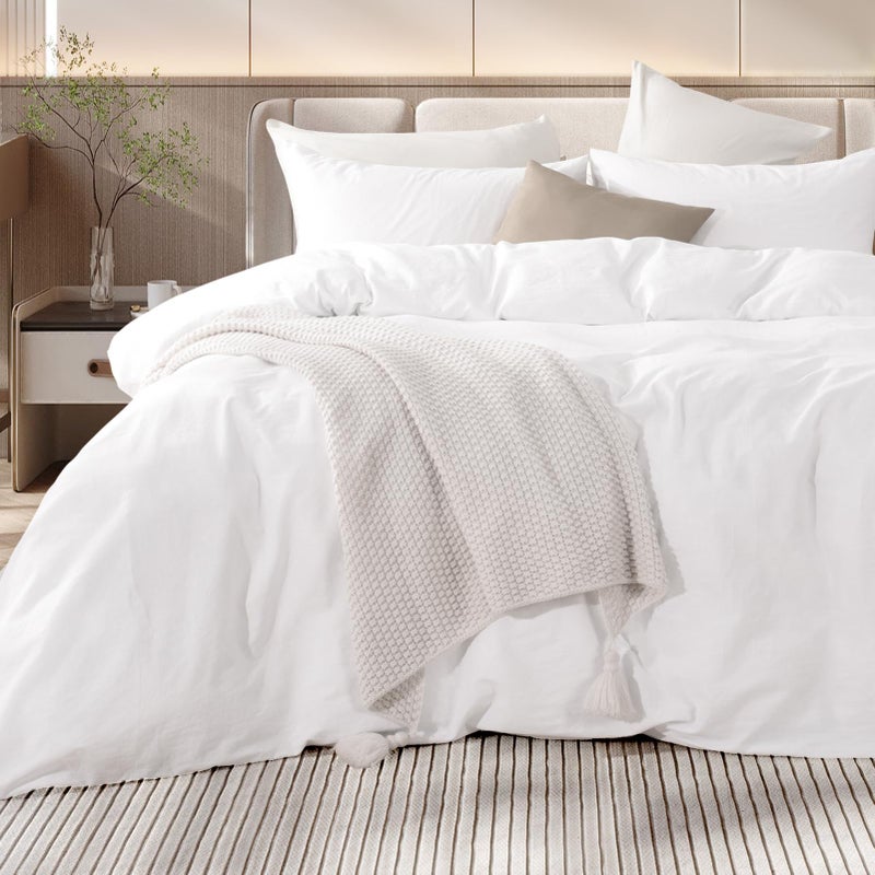 NEXHOME PRO Cotton Duvet Cover Set King Size Linen Feel White Organic Natural 100% Washed Cotton Duvet Cover Set 3 Pieces Bedding Set with Zipper Closure  Lightweight and Breathable (No Comforter) - Image 2